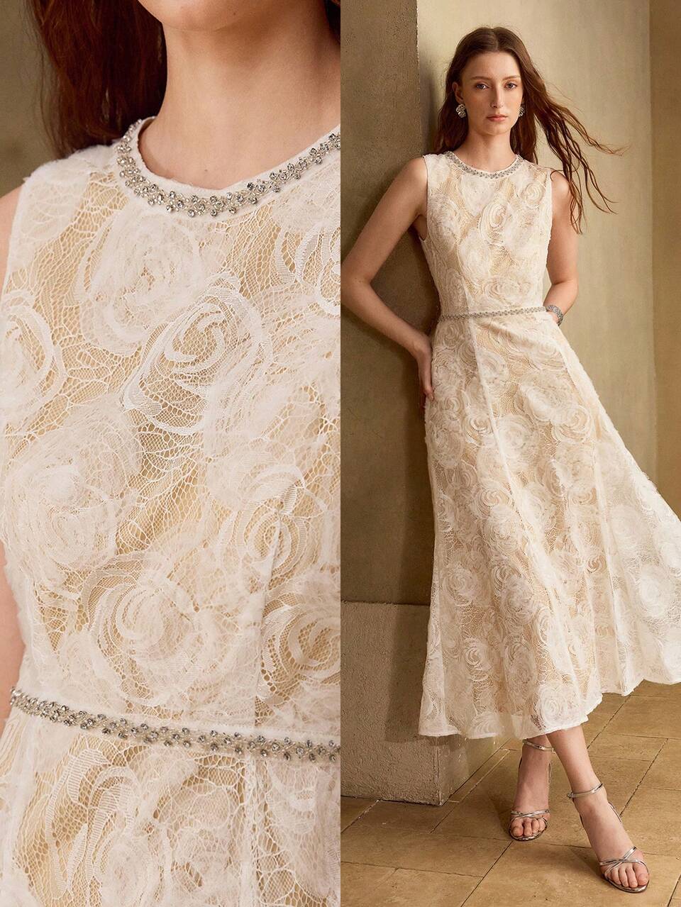 MOTF RHINESTONE LACE SLEEVELESS DRESS WEDDING HOLIDAY DINNER DATE WHITE AND GOLD SUMMER ROMANTIC ELEGANT