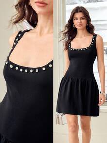 MOTF PREMIUM WOMEN'S FRENCH ELEGANT LARGE U-NECK RHINESTONE DECOR WAIST-CINCHING SWEATER DRESS DINNER PARTY DATE BLACK AND WHITE AUTUMN WINTER - Black - View 6