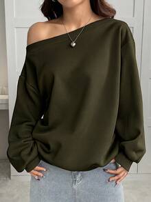 SHEIN EZwear 女款寬鬆不對稱肩白色保暖內裡運動衫，秋冬款 - 軍綠色 - 查看 1