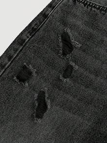 SHEIN Girlism 青少年女孩休閒水洗破洞直筒牛仔褲 - 黑色 - 查看 4
