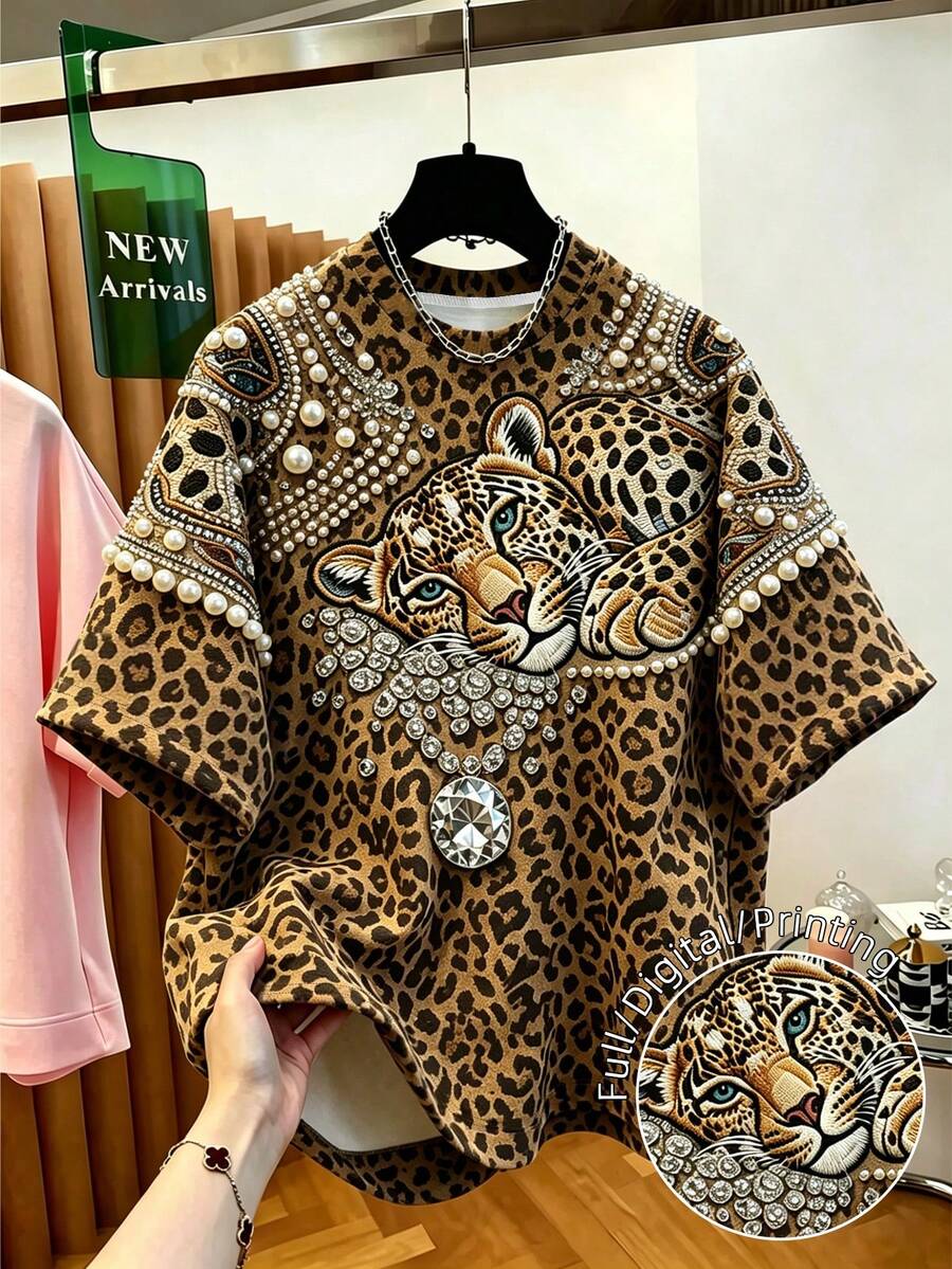 DrmWander 大尺碼女款豹紋圓領短袖休閒T恤 - 彩色 - 查看 1