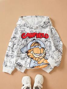 GARFIELD | SHEIN Young Boy Sporty & Cool Casual Style White & Black Cartoon Cat Print Sweatshirt, Suitable For Spring, Autumn & Winter Sweatshirt - White - View 1