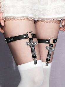 ROMWE Goth 2 piezas Ligueros de estilo gótico para mujer con decoración de cruz hueca, ligueros para medias para uso diario con vestidos y faldas, Halloween - Clip de media cruzada de cabeza de toro negro - Ver 3