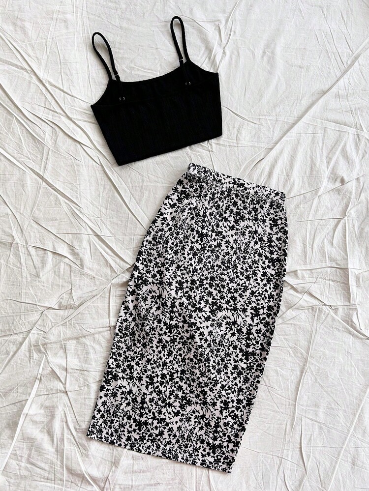 SHEIN 少女黑白两件套：纯色细肩带上衣和碎花开衩下摆半身裙，休闲假日 - 黑與白 - 查看 2