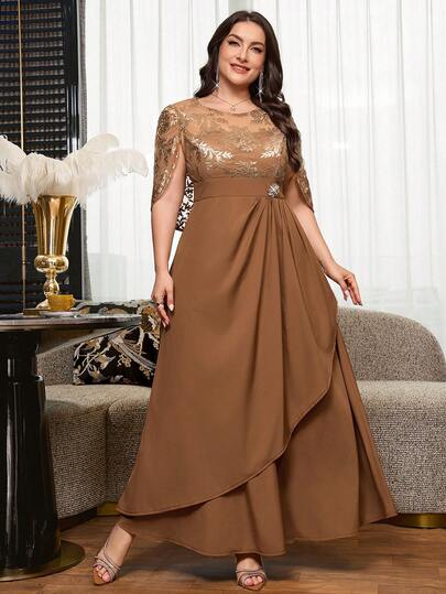 Levarali Gaun Musim Panas Wanita Ukuran Besar, Panjang Elegan dengan Payet dan Bordir, Pesta Formal, Pembaptisan, Acara Tamu, Pernikahan, Cokelat Tua