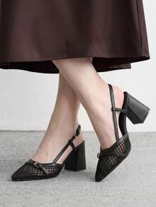 CUCCOO BIZCHIC 女款時尚高跟鞋，扣飾粗跟網紗設計，全球四季通勤優雅百搭，適合度假、辦公室、戶外與日常穿著 - 午夜黑 - 查看 3