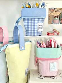 Kawaii Pastel Color Block Standing Canvas Pencil Case, Large Capacity Foldable Vertical Pen Bag With Hand Strap Zipper, Cute Aesthetic Stationery Organizer For Teen Girls Student Back To School Makeup Storage Pouch - multicolor - View 10