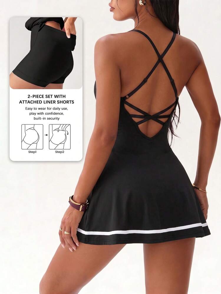 Dewbera Dewbera Women Black Summer Sexy Gym Sleeveless Contrast Stripe Sports Dress,Criss-Cross Back,Shorts Lining&Pockets For Yoga,Running,Tennis,Golf,Casual Wear - Black - View 2