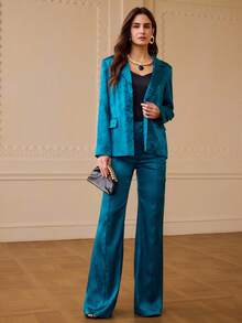ZEYLAH Women's Elegant Party Jacquard Jacket & Pants 2 Pieces Set - Blue - View 6