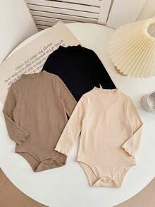 SHEIN LMoss Kids LMoss 女嬰舒適針織純色荷葉邊連身衣 3件套，秋季 - 卡其色 - 查看 3