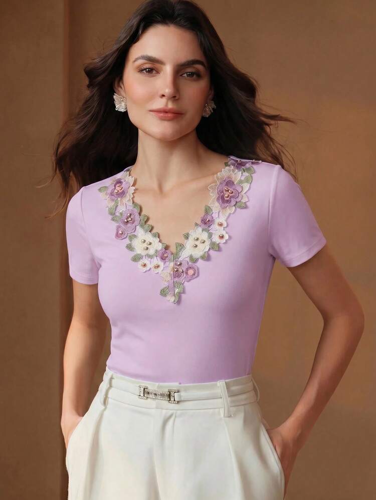 Anewsta Women's New Summer Elegant French Romantic Short Sleeve Top With Floral Hollow Embroidery And Rhinestone V-Neck Design - Purple - View 4