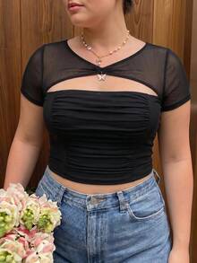 SHEIN MOD Plus Women's Black Sheer Mesh Patchwork Ruched T-Shirt Butterfly Detail Short Sleeve Round Neck Slim Fit Top For Spring Party - Black - View 2