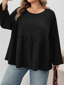 SHEIN CURVE+ Plus Size Autumn Fashion Casual Loose Daily Textured Fabric Long Sleeve Ruffle, Winter 2026 22W Fall - Black - View 5