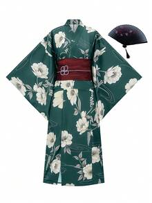 Irokai 日式傳統夏季女款兩件式浴衣和服，花卉印花（不含腰帶） - 綠色 - 查看 5