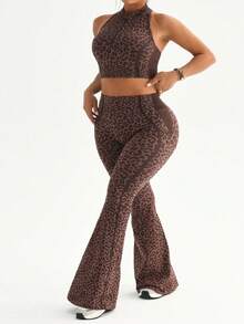 Rhythm Era Women's Seamless Plus Size Leopard Print Sports Set Tank Top Flare Pants Gym Sports Chocolate Brown Summer - Multicolor - View 6