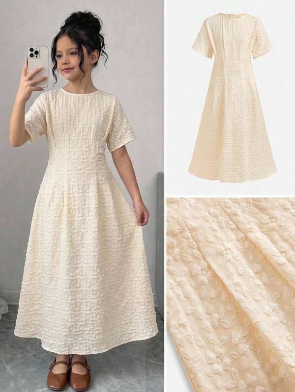 Girlism Tween Girl Tween Girls Summer Fashion Commuter Jacquard Elegant Waist-Cinched Long Party Dress, Graduation Ceremony