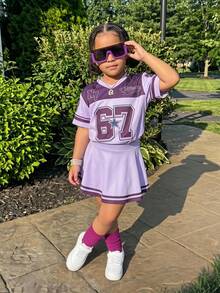 SHEIN Setelan Kaos Lengan Pendek dan Rok Motif Ungu untuk Anak Perempuan - Purple - View 3