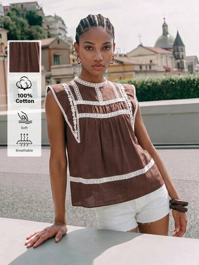 Maija Brown And White Round Neck Sleeveless Women's Blouse, Lace Patchwork, Summer Comfortable Casual Boho Cottagecore Vacation Summer Fall