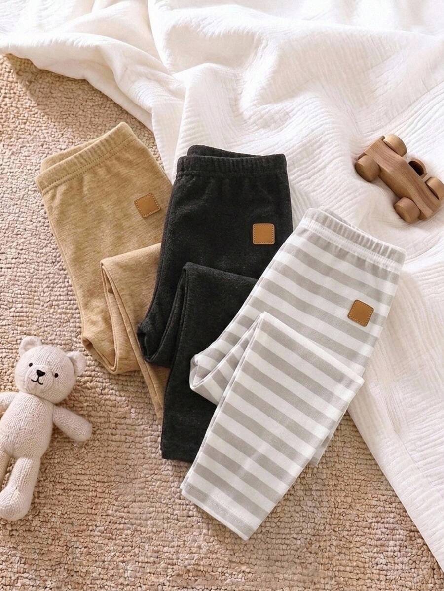 3件/包 中性嬰兒男孩女孩幼兒條紋印花長褲，舒適休閒褲，適合秋冬穿著