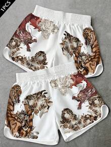 Manfinity EMRG Men's White Dragon & Tiger Floral Print Streetwear Boxing Shorts, Japanese Retro Casual Summer Sports Shorts, Suitable For Vacation, Music Festival, Party, Daily Commute - Multicolor - View 3