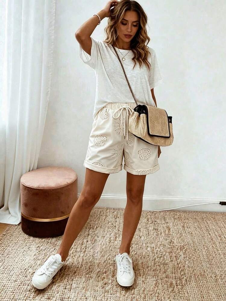 Vaclyn Shorts de mujer con bordado hueco, cintura con cordón y bolsillos, versátiles y de moda para vacaciones - Albaricoque - Añade 5