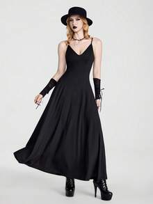 SHEIN LUNE Casual Embroidered V-Neck Spaghetti Strap Dress - Black - View 4
