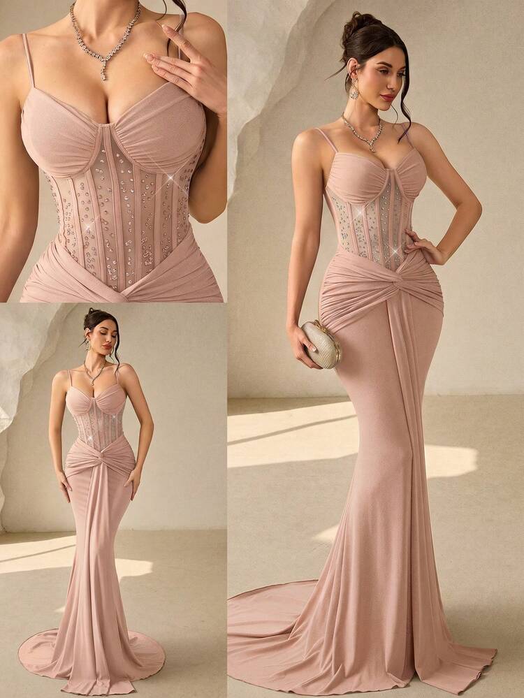 Coutiva Women's Rhinestone Pleated Elegant Waist-Cinching Formal Evening Party Spaghetti Strap Dress - Dusty Pink - View 3