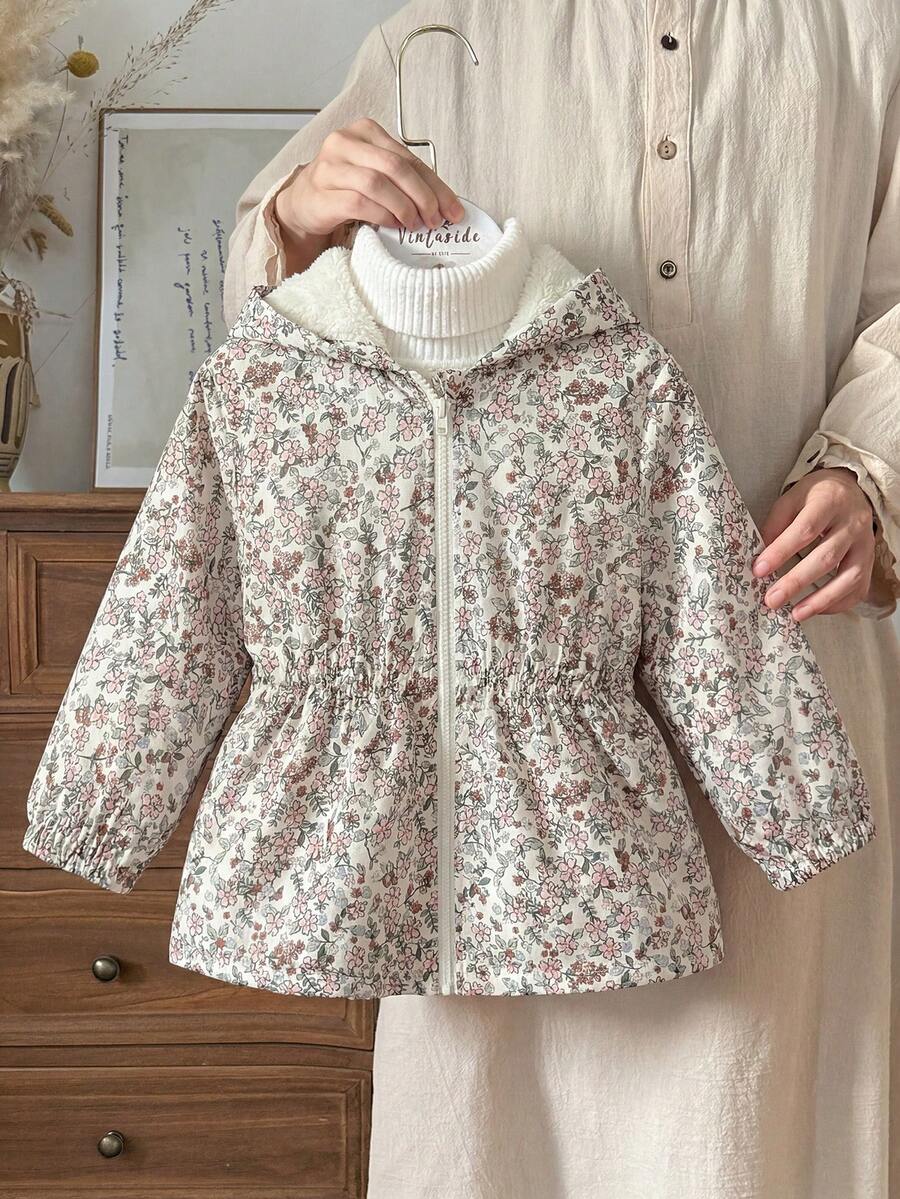 SHEIN 女嬰秋冬百搭休閒碎花保暖內裡連帽夾克 - 杏色 - 查看 1