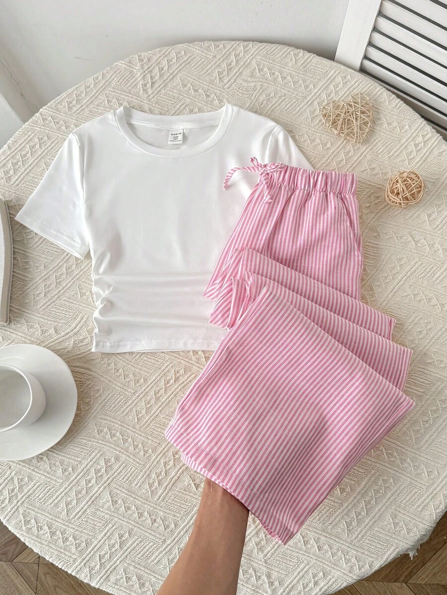 SHEIN Conjunto informal a juego de top y pantalones a rayas para niñas preadolescentes - Multicolor - Ver 1