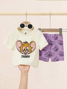 TOM & JERRY X SHEIN 女嬰卡通刺繡T恤與卡通印花短褲套裝 - 紫色 - 查看 3
