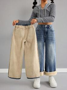 SHEIN Tween Girl Casual Versatile Kids Daily Wear Denim Jeans With Pockets And Buttons Autumn Winter - Medium Wash - View 5