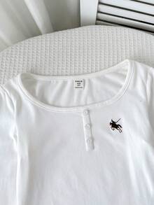SHEIN 青少年女孩秋冬休閒白色修身U領鈕扣裝飾小Logo刺繡長袖T恤 + 復古棕色波點印花梭織直筒寬腿褲 2件套舒適彈性針織條紋套裝，適合外出、街頭穿搭、機場穿搭 - 棕色 - 查看 5
