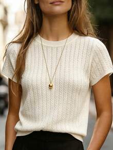 SHEIN Blusa feminina de malha de lã, manga curta, gola redonda, cor sólida, estilo casual minimalista. Blusas femininas de manga curta, blusas femininas para o verão. - Damasco - Ver 7