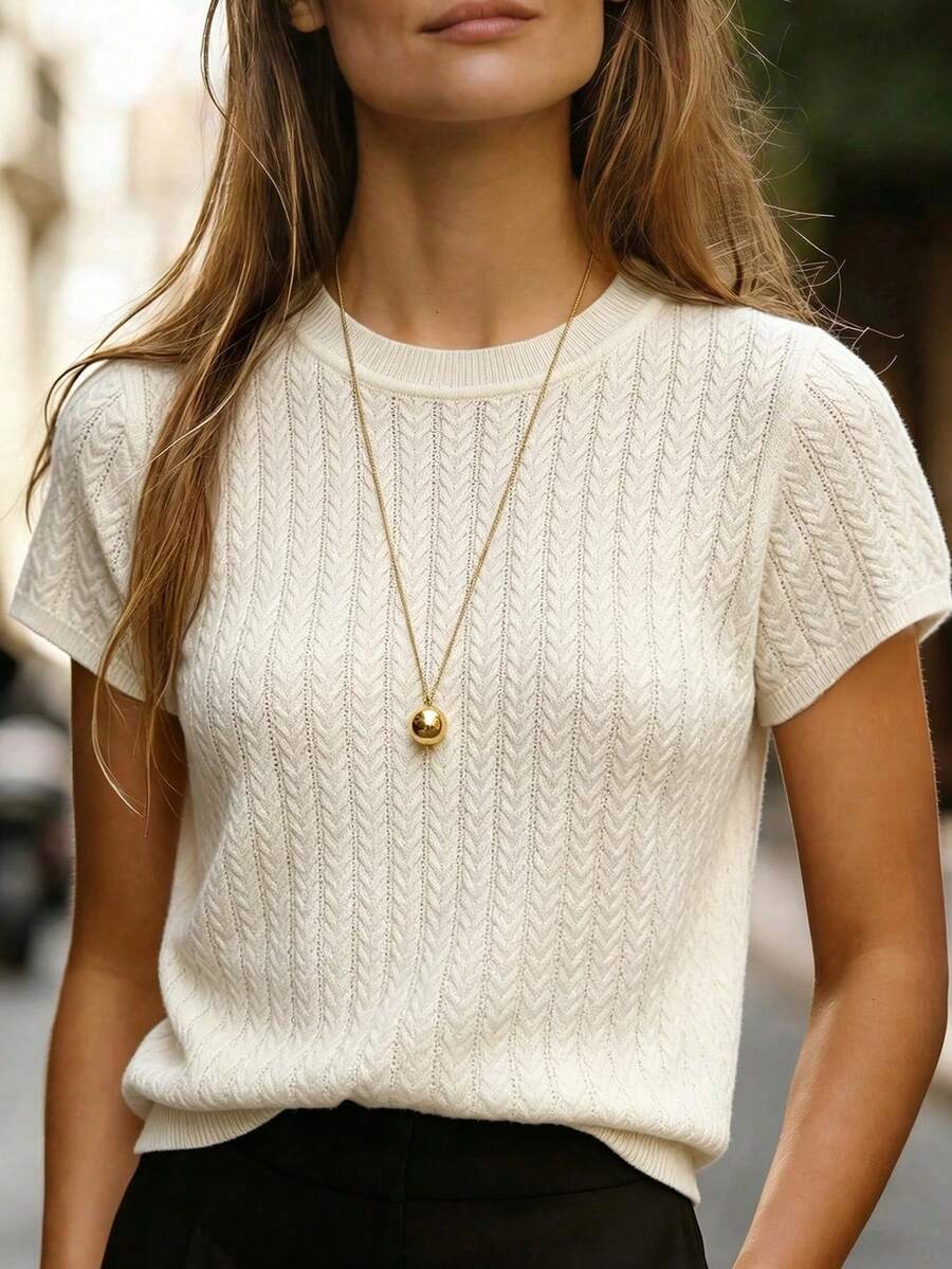 SHEIN 女士纯色圆领短袖休闲简约百搭针织衫羊毛衫女士短袖上衣女士夏季上衣女士针织衫 - 杏色 - 查看 1