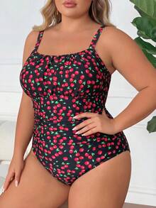SHEIN CURVE+ Plus Size Cherry Print One-Piece Swimsuit Vacation Going Out Party Black Summer Sexy Tropical - Multicolor - View 4