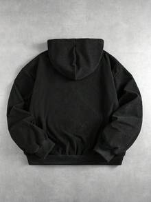 ROMWE MEN 男士休閒燈芯絨拼接刺繡連帽衛衣 - 黑色 - 查看 4