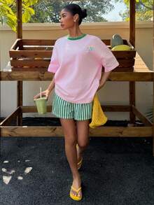 Muchica 女款夏季字母檸檬印花圓領短袖T恤與條紋短褲休閒兩件套 - 彩色 - 查看 6