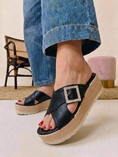 Sandalias de cuña con plataforma para mujer, negras, con tiras cruzadas y hebilla de pedrería y punta abierta. Modernas sandalias casuales con hebilla de diamantes, ideales para el verano.