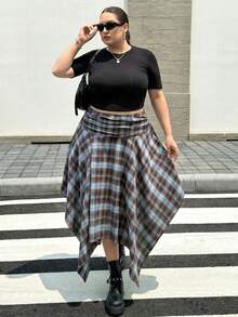 SHEIN CURVE+ 大尺碼高腰百褶不對稱下擺裙 秋季通勤約會畢業海灘正式場合 冬季 2026 22W 秋季棕色 90年代復古休閒 - 彩色 - 查看 7