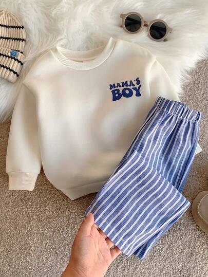 2pcs Unisex Baby Boy/Girl Baby Boy Autumn/Winter Casual Cute Slogan Sweatshirt And Striped Long Pants Set, Infant Boy Clothing Set, Infant Boy Autumn/Winter Clothing, Soft, Streetwear