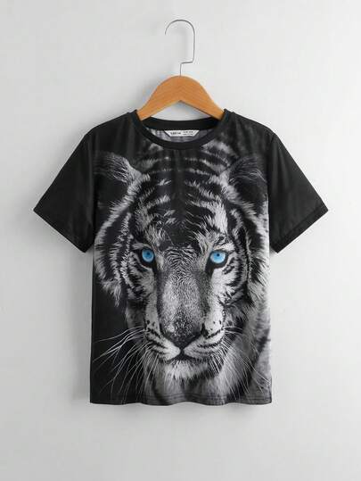 Kids Tween Boy Casual Tiger Print T-Shirt, Suitable For Commuting, School, Daily Casual, Sports, Travel, Spring And Summer Clothes