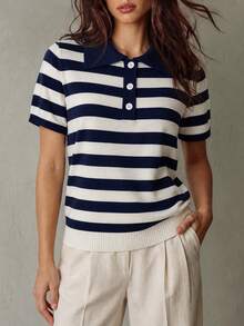 SHEIN PariChic 女款春夏薄款針織上衣，條紋拼接休閒套頭衫，優雅短袖 Polo 衫 - 寶藍色 - 查看 4