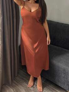 Dazy Plus Charming Glossy Satin Slim Fit Spaghetti Strap Long Plus Size Women Sexy Nightgown Spring Summer - Burnt Orange - View 4