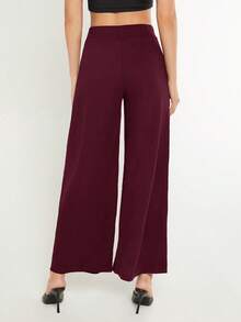 SHEIN BASICS 女款純色時尚百搭寬鬆寬腿褲 夏季女裝套裝 - 酒紅色 - 查看 2