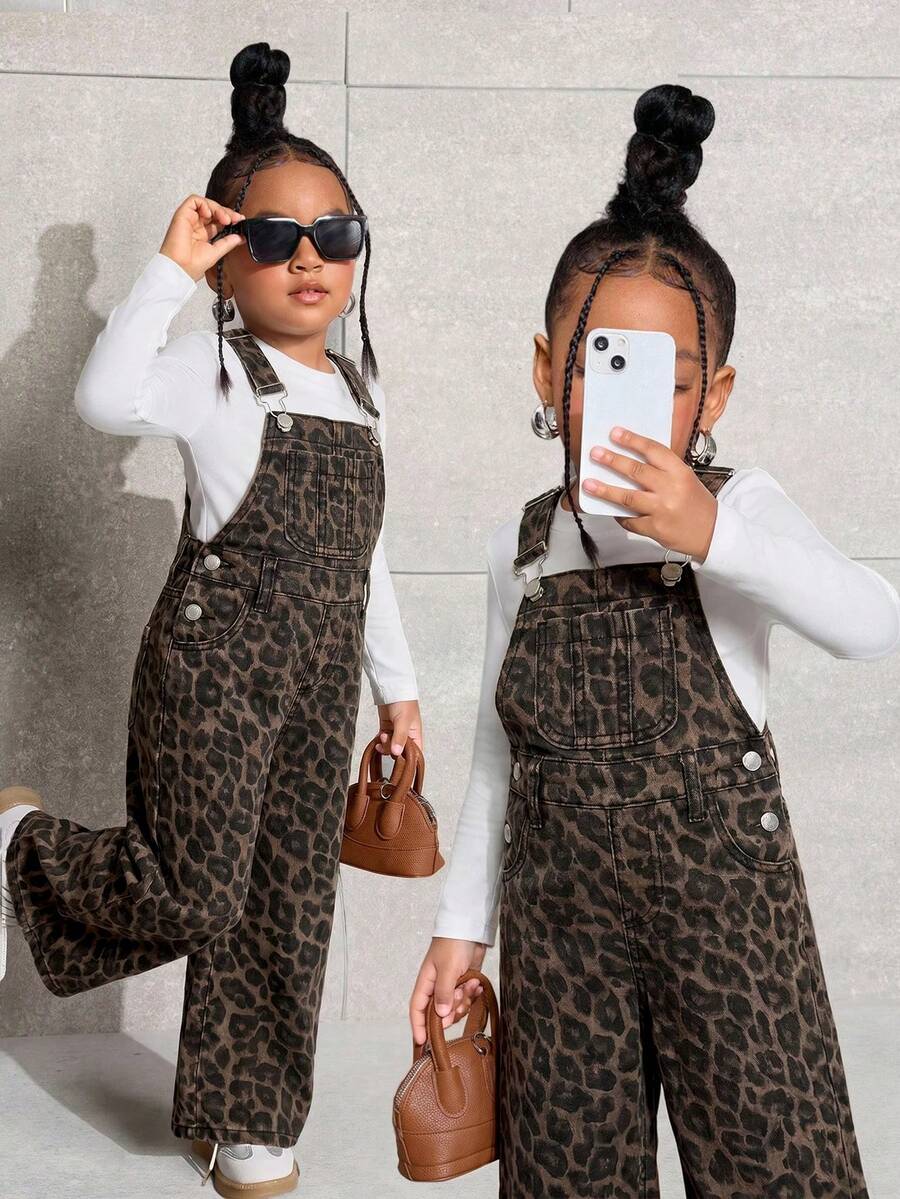 SHEIN 少女豹紋牛仔吊帶褲 - 彩色 - 查看 1