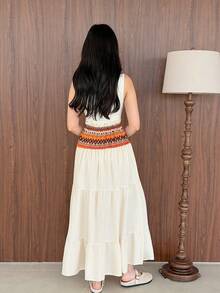 Yasmeen Edit Yasmeen Edit Women's Summer Spring Beach Holiday Bohemian Beige Patchwork Heterogeneous Frill Waist Drawstring Fringe Trim Long Skirt - Multicolor - View 2