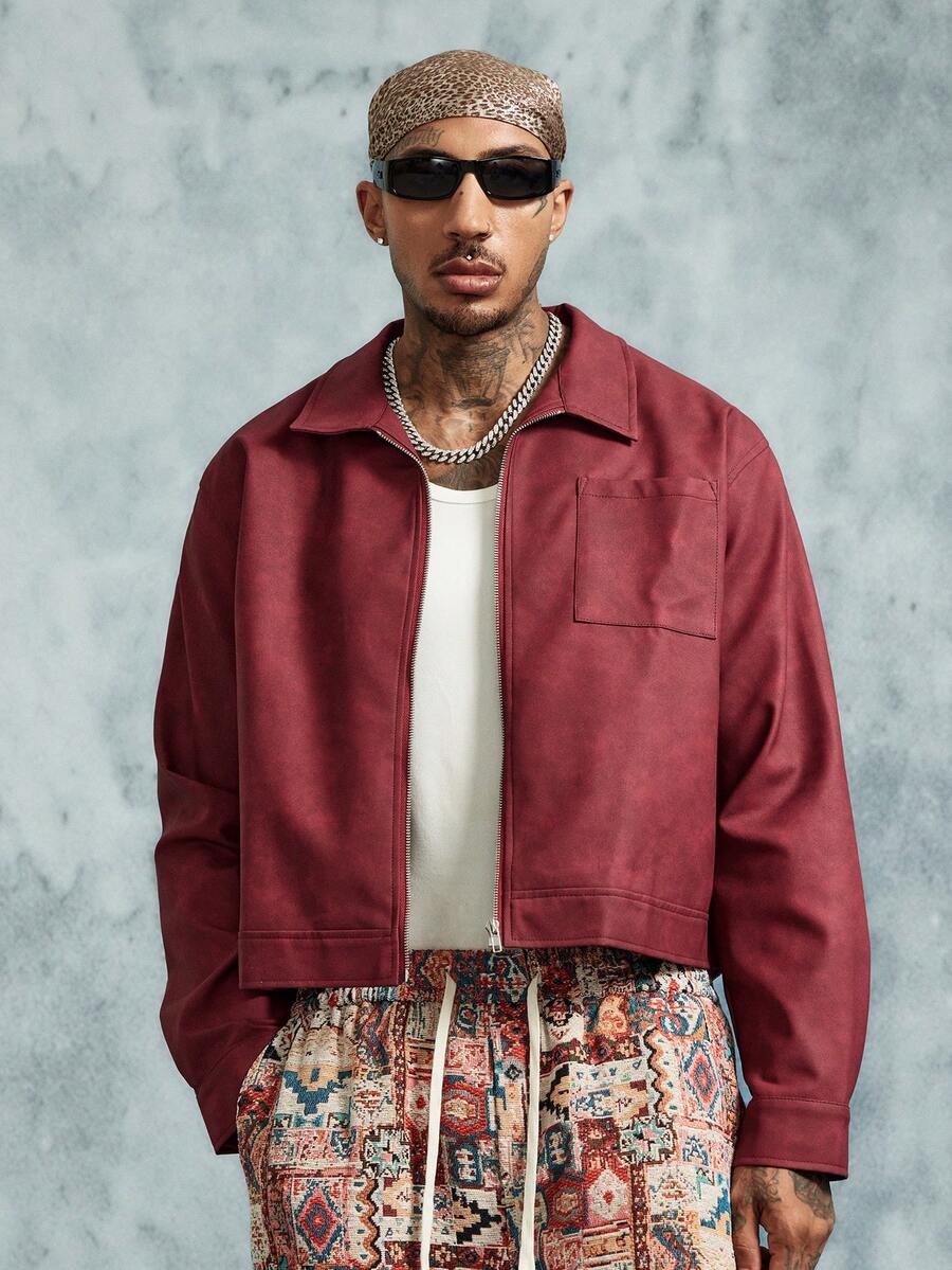 INCRYTM PAVTROS Manfinity Streetrush 男士街头风格流行 INS 搭配男士夹克和外套,男士休闲短款棕色 PU 皮革拉链夹克,秋季,皮夹克,街头服饰,冬季夹克,温暖的冬季服装,圣诞服装,男朋友礼物 - 酒紅色 - 查看 1