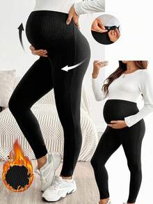 SHEIN Maternity Casual Soft Form Versatile Solid Color High Waist Leggings, Summer, Black Work Photoshoot Gender Reveal Party - Black - View 1