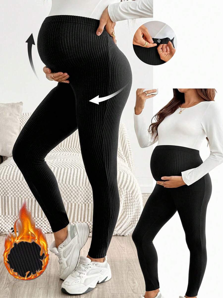 SHEIN Maternity Casual Soft Form Versatile Solid Color High Waist Leggings, Summer, Black Work Photoshoot Gender Reveal Party - Black - View 1
