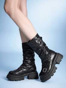 Sugerpunk Women's Fashion Versatile Chain Decor Thick Sole Wedge Ankle Boots - Black matte - View 5